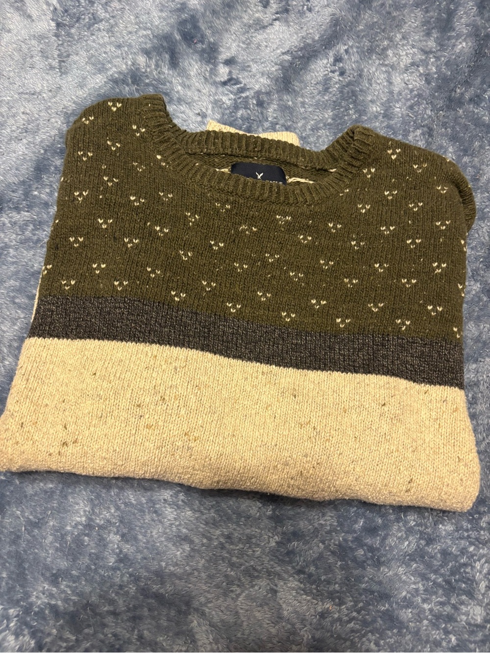 American Eagle Olive & Cream Knit Crewneck Sweater